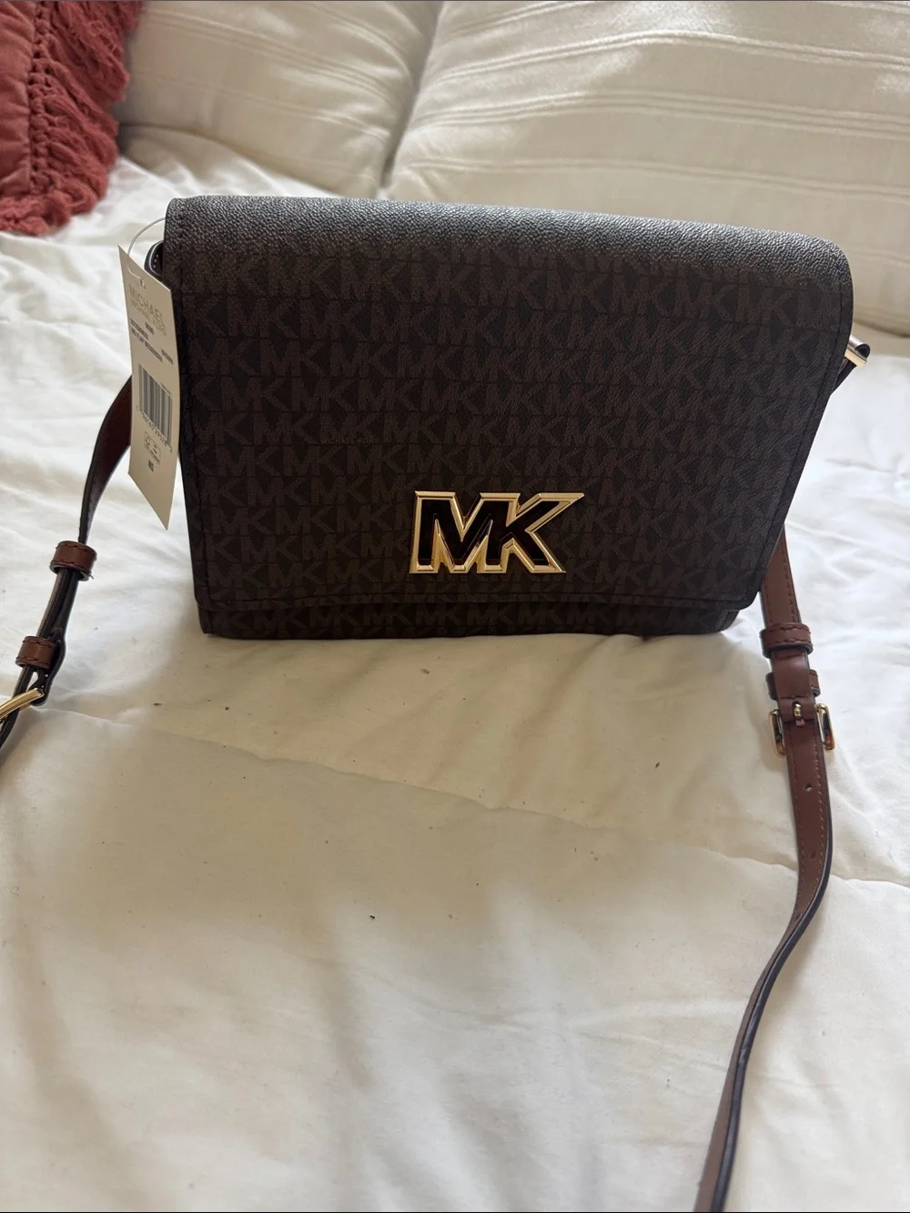 Michael Kors Dark Brown MK Monogram Messenger Bag with Gold Logo